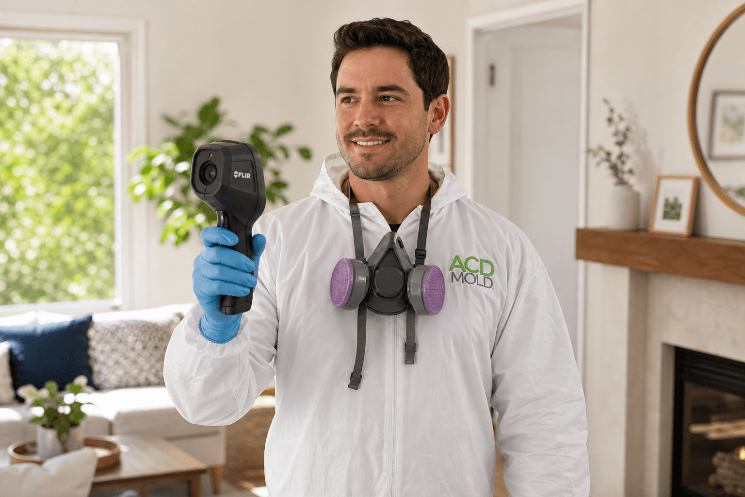 ACD Mold inspector using thermal imaging camera in a Los Angeles County home